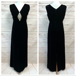 Vintage Black Velvet Maxi Gown Dress w Crystal Beaded Pearl Embellished V-Neck